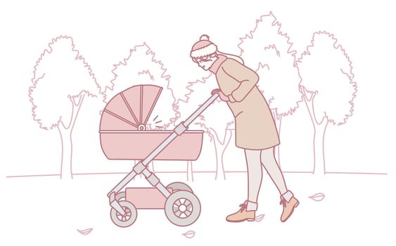 A woman is pushing a baby stroller in the beautiful park while enjoying the outdoors vector