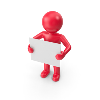 A simple white 3D figure, holds a blank white sign in front of their face. png