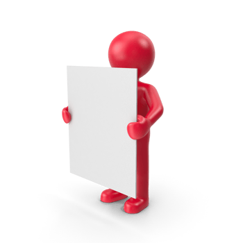 A simple white 3D figure holds a blank white sign in front of their face. png