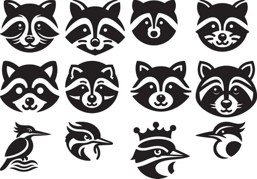 Collection of stylized raccoon faces and kingfisher bird icons in black and white format vector
