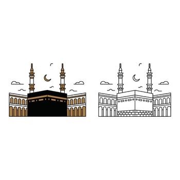 Set art of Illustration of kaaba in mecca with minarets and moon isolated on white background vector