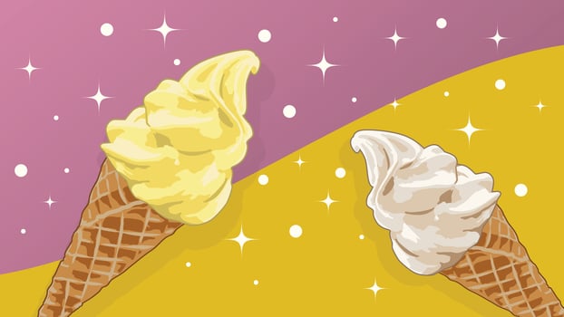 Yellow and cream ice cream cone on pastel pink and orange background. vector