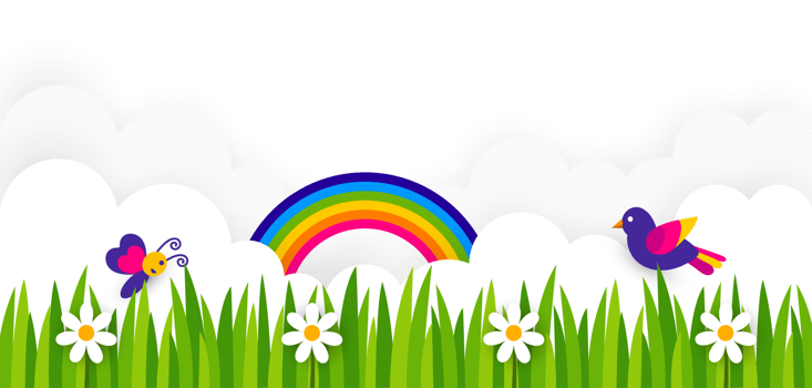 Green landscape with rainbow and flowers. A graphic depicting a lush green field with white flowers, birds, butterflies, clouds, and a rainbow arc, symbolizing nature, spring, and environmental png