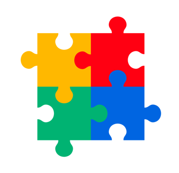 Grouped colorful puzzle pieces. Four interlocking puzzle pieces in yellow, red, green, and blue, symbolizing connection, problem-solving, and autism awareness. autism icon. png