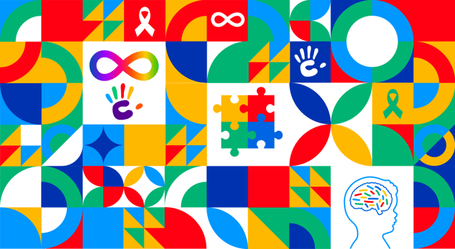Abstract autism awareness grid. A vibrant, geometric grid composed of puzzle pieces, infinity symbols, and hands, symbolizing autism awareness, neurodiversity, and global support. png