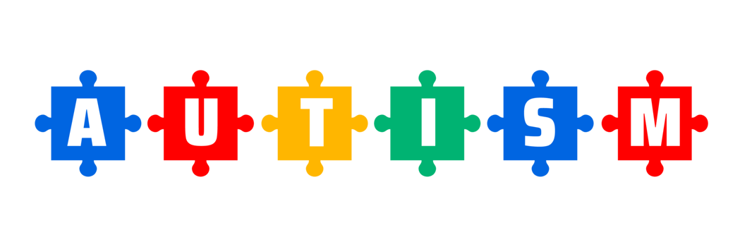 AUTISM letter banner graphic. A graphic of the word AUTISM with each letter as a colored puzzle piece banner, symbolizing autism awareness and support png