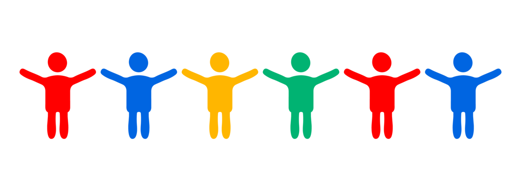 Diverse human chain unity. A colorful graphic of six stylized human figures in a chain, each a different color red, yellow, blue, green, symbolizing unity, diversity, and community. png