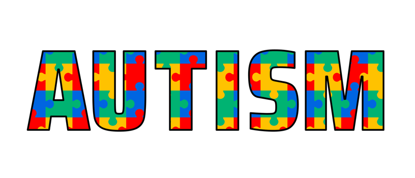 AUTISM text with puzzle pattern. Bold text AUTISM filled with a colorful puzzle piece pattern, symbolizing autism awareness and the complexity of the spectrum. png