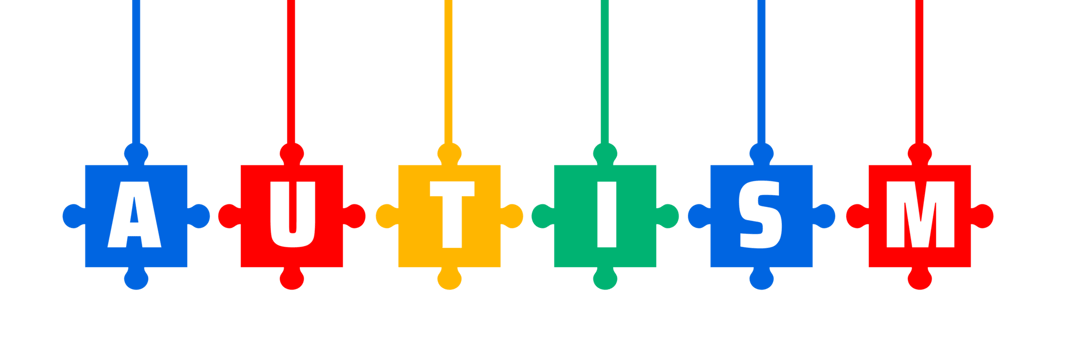 AUTISM letter banner graphic. A graphic of the word AUTISM with each letter as a colored puzzle piece banner, symbolizing autism awareness and support. png