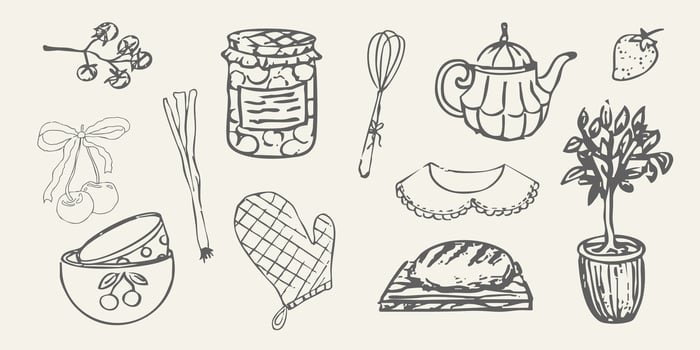 Cottagecore set country rural things sketch. Retro cute whimsy farm themed cottage core aesthetic. Hobby collection, vegetables doodle. vector