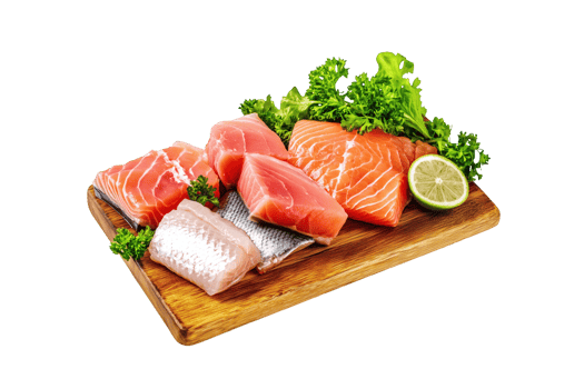Salmon and other seafood on a cutting board png