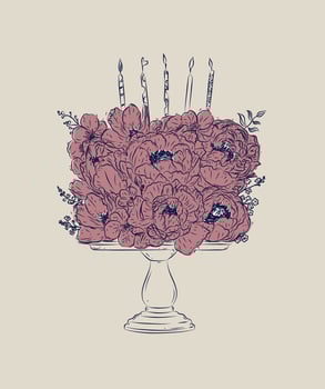 Cake on stand made with flowers and candles drawing in floral style with red and blue on beige background vector