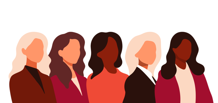 Diverse women's group profile. A graphic featuring five stylized women in profile, showcasing diverse ethnicities and hair colors, symbolizing female diversity, unity, and professional representation. png