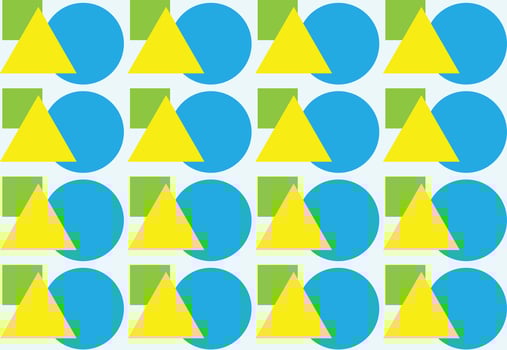 A geometric pattern with yellow triangles, blue circles, and green squares on a light background. Modern abstract design, ideal for textiles, wallpapers, and digital prints, and posters vector
