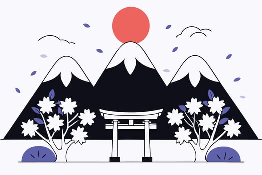 Peaceful landscape with mountains, red sun, and cherry blossoms in harmony creating a serene and beautiful natural scene inspired by Japanese aesthetics. vector