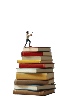 Tiny figure standing atop mountain of books, looking victorious. surreal, intellectual journey, full of knowledge and possibility png