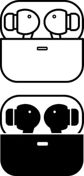 Earbuds Icons. Black and White Illustrations. Device for Personal Listening to Sound Information. Wireless Headphones, Gadget, Technology. Device Concept vector
