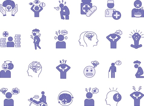 Colored Mental Health Icon Set. Illustrations Stress, Depression, Bipolar, Paranoia, Dementia, Psychosis, Panic Attacks, Schizophrenia, Trauma, Doctor, Medicines, and Others vector