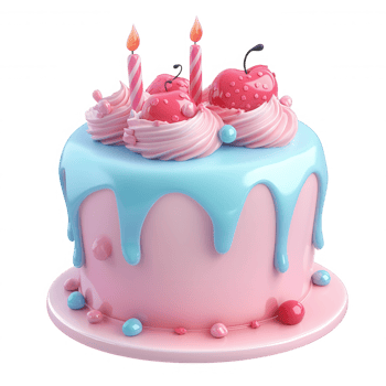 3d icon of a pink birthday cake with blue icing, lit candles, cherries, and colorful candies, isolated on transparent background png