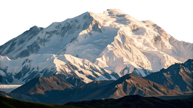 Majestic snow-covered mountain peak with rocky foreground on transparent background Denali mount North America, USA png