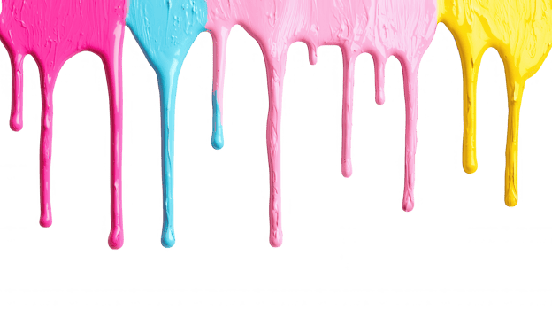 3d icon Vibrant paint streams in pastel pink, blue, yellow dripping across transparent surface, generating dynamic abstract art composition png