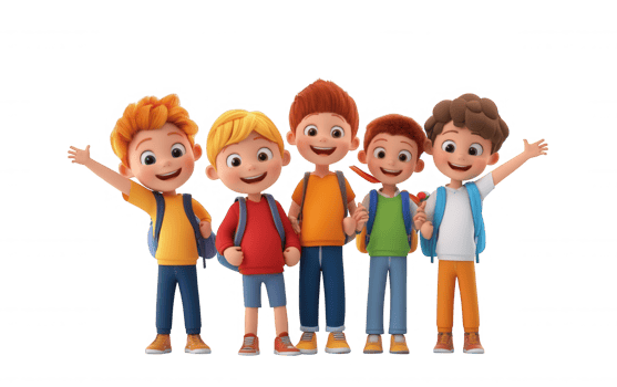 3d icon Cheerful elementary students wearing backpacks, smiling and waving, standing together against clean minimalist background png