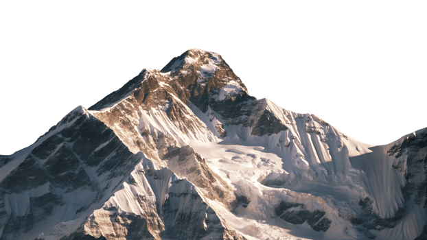 Majestic snow-covered mountain peak isolated on transparent background in sunlight png