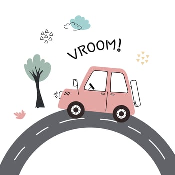 Pink car happily travels along a winding road flat style isolated on white background. Poster for boys with a transport vehicle. illustration vector