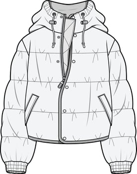Modern Hooded Down Puffer Jacket with Front Zipper and Horizontal Quilting Unisex Fashion Flat Drawing vector