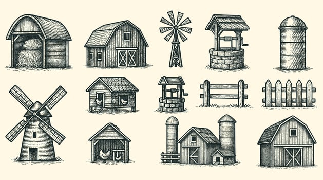 Detailed monochrome illustration showcasing various farm structures in a rural landscape setting vector