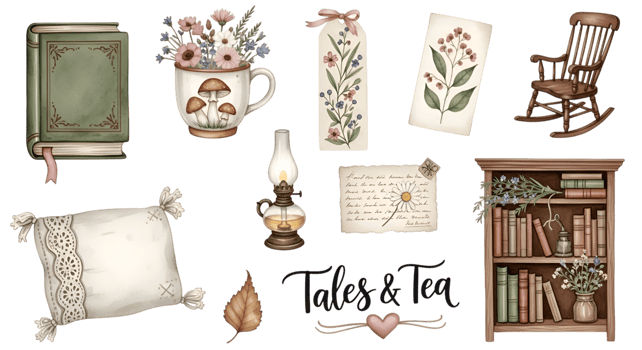 Whimsical reading set featuring book, chair, and floral elements png