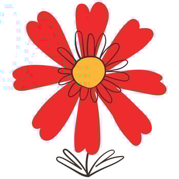 Cute Red Daisy Flower with Simple Brush Line Decorations. Colorful plant with cute line sketches of branches isolated on white background. Nature herb perfect for invitations, cards, posters, holidays vector
