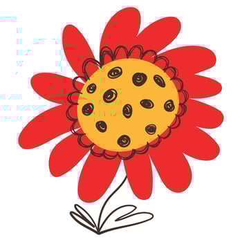 Cute Red Flower with Simple Brush Line Decorations. Cartoon plant with line sketches of branches isolated on white background. Nature herb perfect for invitations, cards, posters, holidays vector