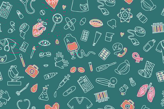 Seamless pattern of medical products, medicines, health worker clothes in doodle style. Hand drawn illustration. vector