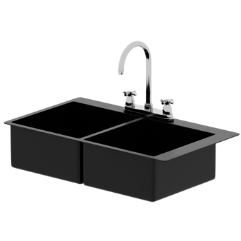 Render double black kitchen sink chrome faucet with transparent background png