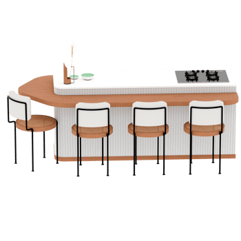 Render kitchen island with stove and chairs with transparent background png