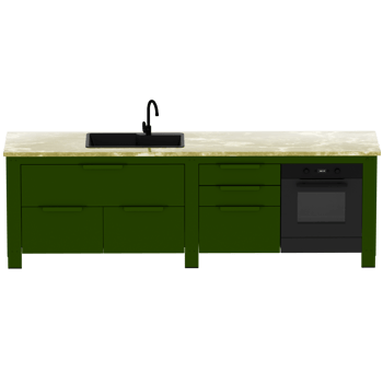 Render green kitchen counter with oven and sink with transparent background png