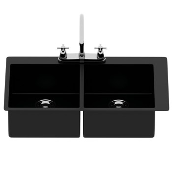 3d render double black kitchen sink chrome faucet with transparent background png