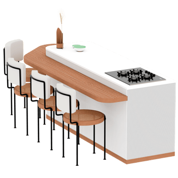 3d render kitchen island with stove and chairs with transparent background png