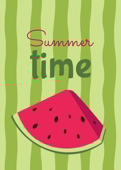 Slice of juicy watermelon on the background of green watermelon rind. Summer illustration with Summer Time text. Flat style. Designer template for postcard, poster, flyer, banner. vector