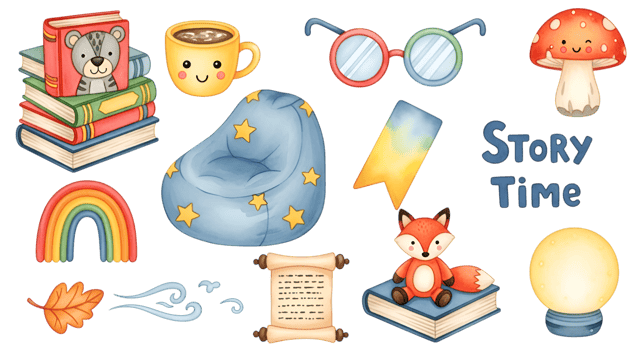 Story Time With Book Stack And Cute Fox Chair And Mushroom on Transparent png
