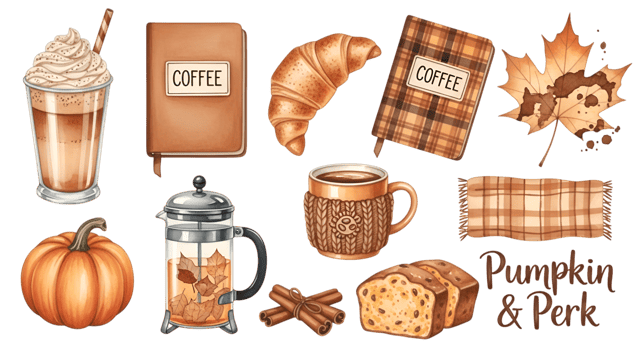 Pumpkin Spice Pixel Art with Coffee and Croissant png