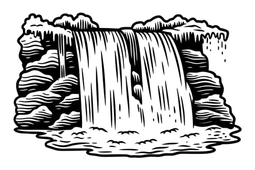 illustrated cascading waterfall in monochrome, natural serenity and tranquil landscape scene vector