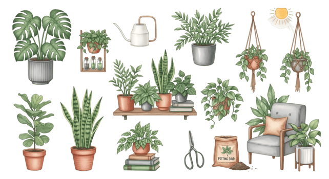 Indoor plants with gardening tools and comfortable chair illustration png