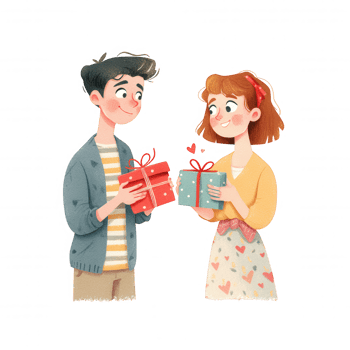 Joyful couple exchanging gifts, celebrating love and connection png