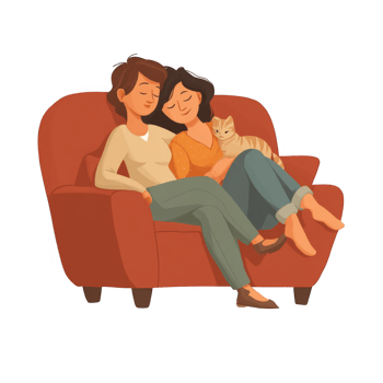 Cozy couple resting on couch with cat, enjoying peaceful moment together png