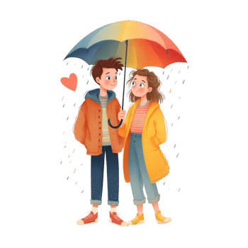 Couple sharing umbrella in rain, expressing love and joy together png