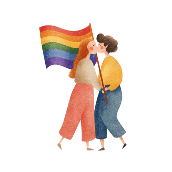 LGBTQ couple holding rainbow flag, celebrating love and unity in joyful embrace png