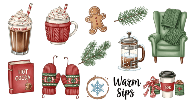 Festive Winter Set with Cocoa Mugs and Holiday Decorations Isolated on Transparent Background for Seasonal Designs png