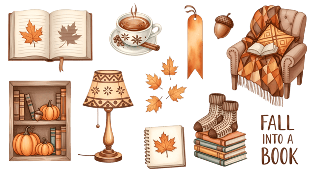 Fall Illustration with Cozy Autumn Decor Items on Transparent png